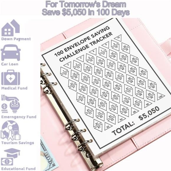 100 Envelopes Money Saving Challenge Book, PU Leather Saving Binder - Picture 4 of 8